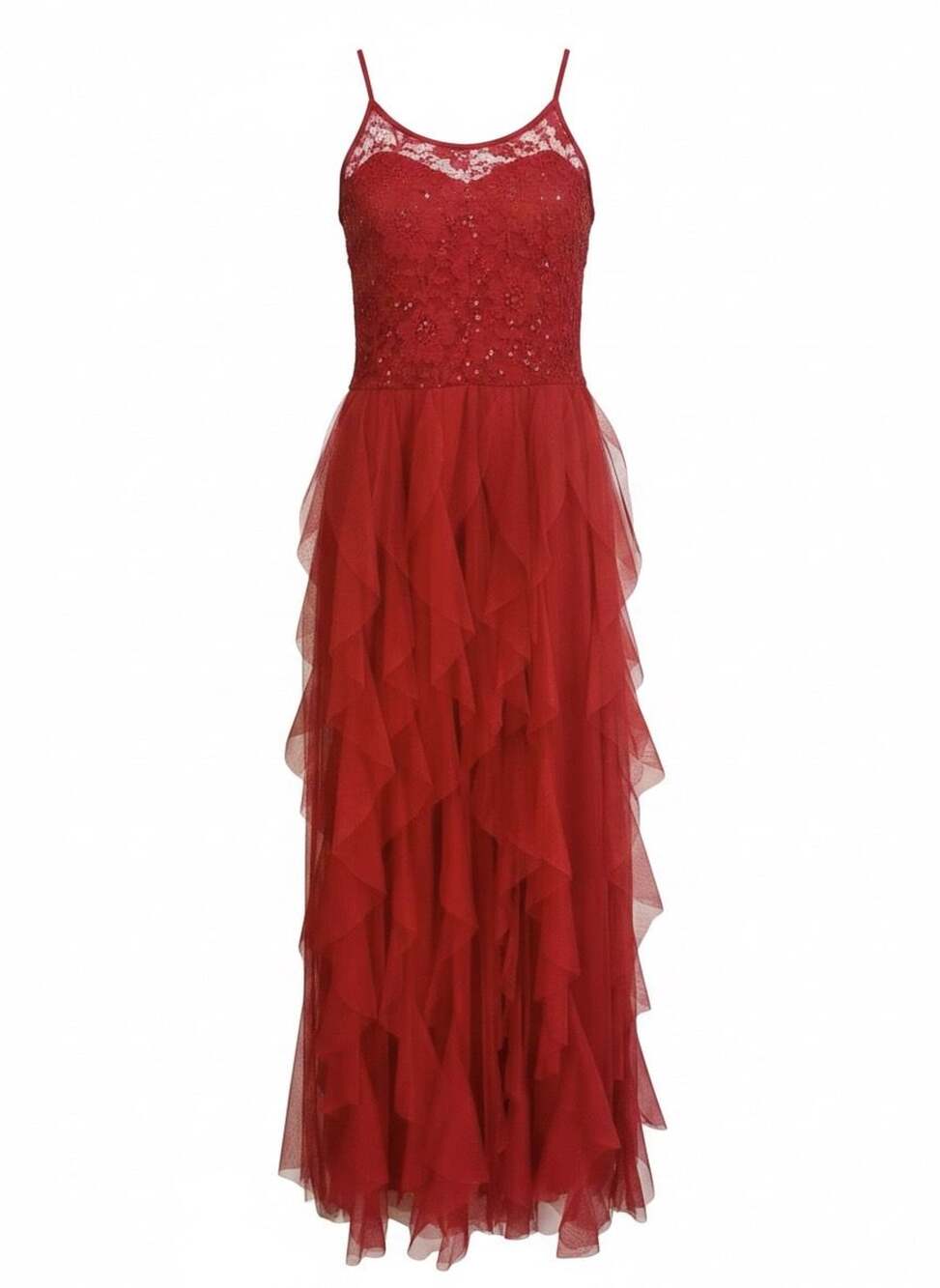 City Studios Red Lace and Tulle Ruffle Maxi Dress